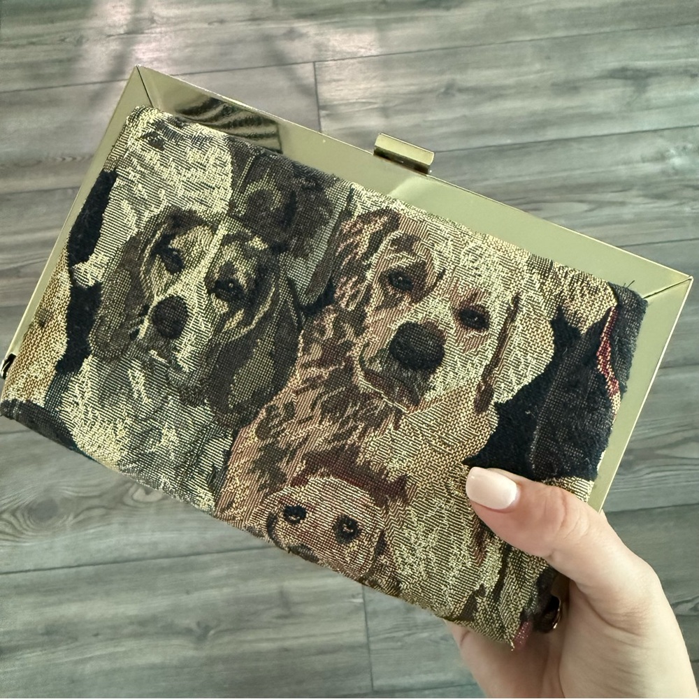 Embroidered Dog Pattern Clutch Bag with Gold Chain Strap